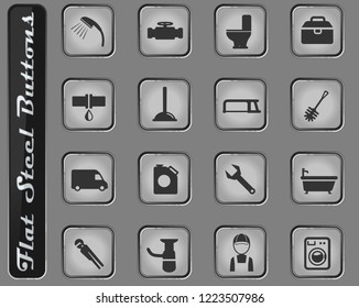 Plumbing service vector web icons on the flat steel buttons