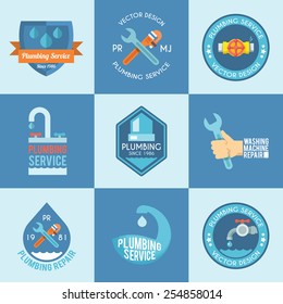 Plumbing service washing machine repair with a wrench flat labels icons composition design abstract vector isolated illustration