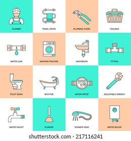 Plumbing service water fixtures icons flat line set isolated vector illustration