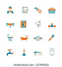 Plumbing service water fixtures toolbox icons set isolated vector illustration