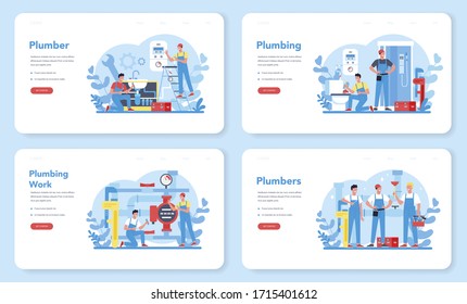 Plumbing service web banner or landing page set. Professional repair and cleaning of plumbing and bathroom equipmen. Vector illustration.