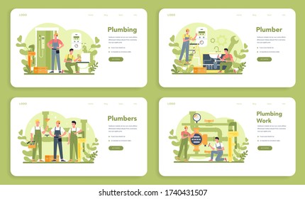 Plumbing service web banner or landing page set. Professional repair and cleaning of plumbing and bathroom equipmen. Vector illustration.