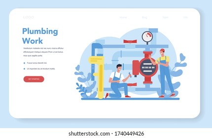 Plumbing service web banner or landing page. Professional repair and cleaning of plumbing and bathroom equipmen. Vector illustration.