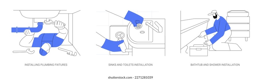 Plumbing services abstract concept vector illustration set. Installing plumbing fixtures, sinks and toilets, bathtub and shower installation in a new apartment, interior works abstract metaphor.