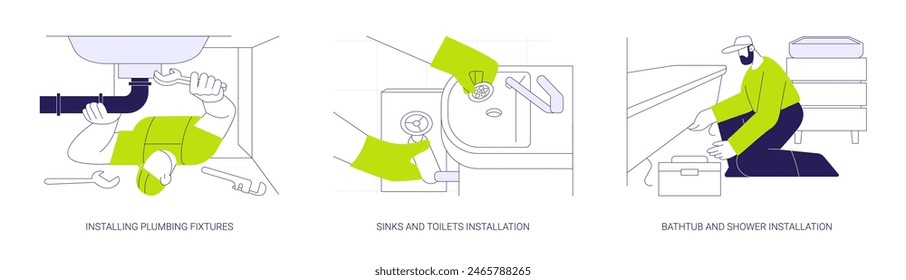 Plumbing services abstract concept vector illustration set. Installing plumbing fixtures, sinks and toilets, bathtub and shower installation in a new apartment, interior works abstract metaphor.