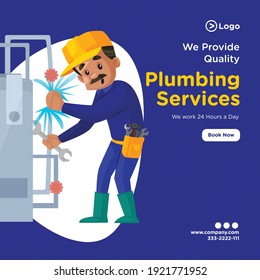 Plumbing services banner design for social media. Plumber is repairing the boiler. Vector graphic illustration. 