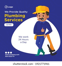 Plumbing services banner design for social media. Plumber is standing with a tool and showing thumbs up. Vector graphic illustration.