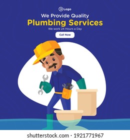 Plumbing services banner design for social media. Plumber is standing in the bathroom and repairing the toilet seat. Vector graphic illustration.