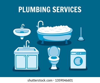 Plumbing Services Banner. Toilet Bowl Cleaning Leaking Tap Bathroom Sink Repair Washing Machine Fixing Kitchen Faucet Installing Drain Sewage System Repair. Plumber Professional Work