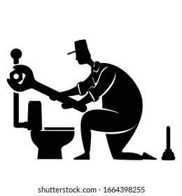 La fontanería sirve de ilustración vectorial de silueta negra. Plomero con llave. Reparaciones de casas. La persona de trabajo posar. Forma de caricatura Handyman 2d para publicidad, animación, impresión