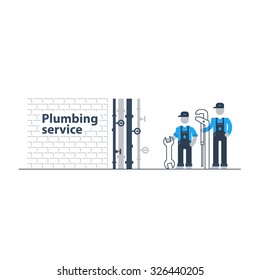 Plumbing services, changing tubes, pipes leakage in cellar, vector illustration