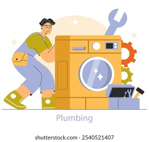 Plumbing services concept. A cheerful plumber repairing a washing machine with tools at hand. Professional household maintenance. Vector illustration.