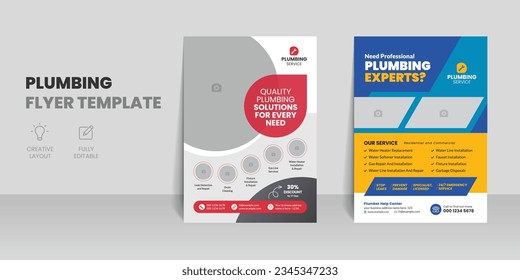 Plumbing services flyer template with professional roofing business leaflet and home repair brochure design layout