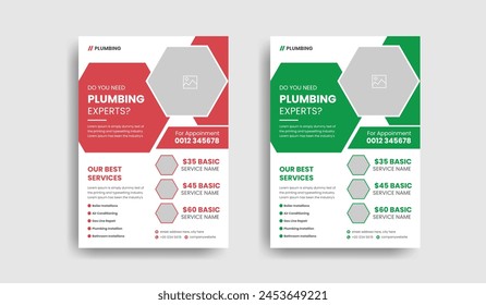 Plumbing services flyer template with professional roofing business leaflet and home repair brochure design layout