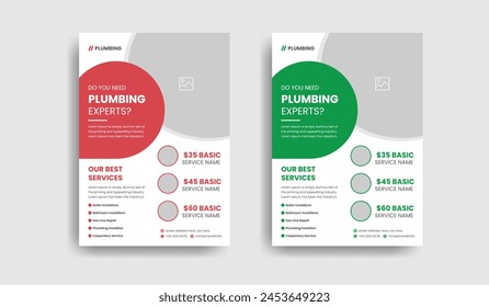 Plumbing services flyer template with professional roofing business leaflet and home repair brochure design layout