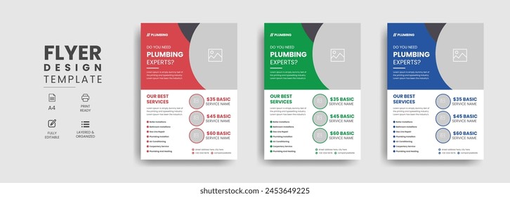 Plumbing services flyer template with professional roofing business leaflet and home repair brochure design layout