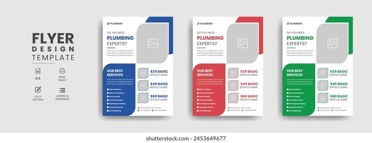 Plumbing services flyer template with professional roofing business leaflet and home repair brochure design layout