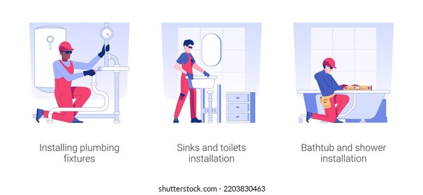 Plumbing services isolated concept vector illustration set. Installing plumbing fixtures, sinks and toilets, bathtub and shower installation in a new apartment, interior works vector cartoon.