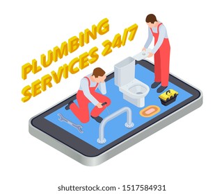 Plumbing services isometric. Vector plumber online app concept