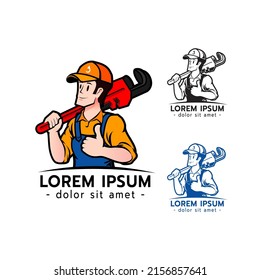 Plumbing Services Logo Vector. Plumber Mascot Holding A Pipe Wrench Logo On White Background Vector Illustration