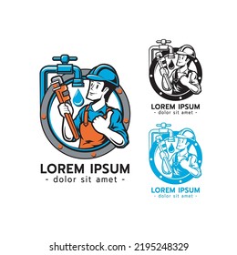 Plumbing Services Logo Vector. Plumber Mascot Holding A Pipe Wrench Logo On White Background Vector Illustration