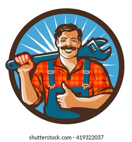 plumbing services. plumber holding a wrench. vector illustration