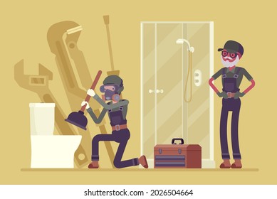 Plumbing services, sewer cleaning, doing emergency repair. Plumbers clear blockages in drains, pipes with plunger, stoppages in toilets, smell or slow flushing problem in bathroom. Vector illustration