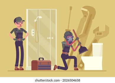 Plumbing services, sewer cleaning and emergency repair. Plumbers clear blockages in drains, pipes with plunger, stoppages, overflowing toilets or slow flushing problem in bathroom. Vector illustration