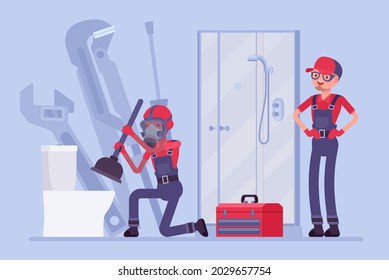 Plumbing services, sewer cleaning and emergency repair. Plumbers clear blockages in drains, pipes with plunger, stoppages, overflowing toilets or slow flushing problem in bathroom. Vector illustration