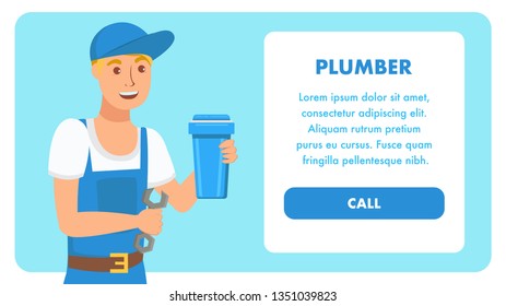 Plumbing Services Vector Landing Page Template. Plumber Web Banner with Text Space. Young Handyman with Screw Key. Worker Cartoon Character Holding Filter. Water Filtration System Installation