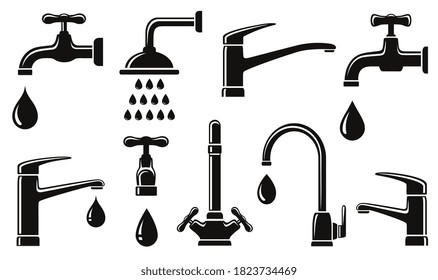 plumbing set of black isolated tap shower icons and water drops