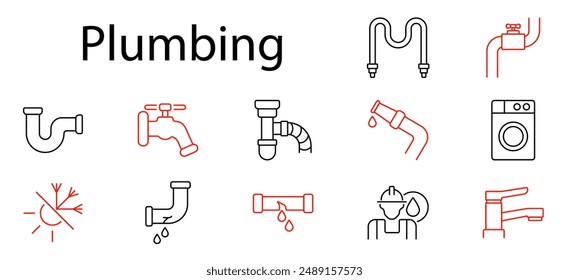 Plumbing set icon. Faucet, pipes, leak, washer, valve, wrench, water, plumber, sink, pipework, repair, maintenance, dripping, fixture, drainage, installation, sewage, fittings, connectors, system.