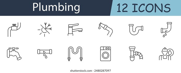 Plumbing set icon. Includes pipes, faucets, leaks, tools, and maintenance symbols. Ideal for repair, water systems, and plumbing services concepts. Vector line icon on white background.