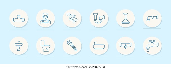 Symbol für Rohrleitungssatz. Rohrverbinder, Klempner, Duschkopf, gebogenes Rohr, Kolben, Wasserhahn, Waschbecken, WC, Schlüssel, Badewanne, Leckrohr, Wasserhahn, Entwässerungswerkzeuge und Vorrichtungen.