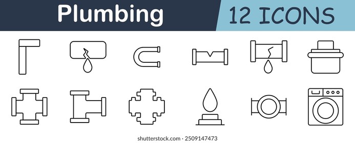 Plumbing set icon. Pipe, faucet, leak, washer, elbow, connector, wrench, water, drain, plumbing tools, valve, coupler.