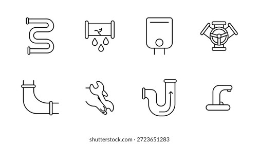 Plumbing set icon. Pipe, leak, boiler, valve, elbow, wrench, siphon, faucet, water system, flow, repair, drain, fixture, service, connection, fitting.