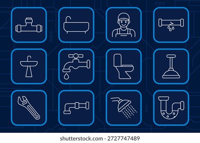 Icono de conjunto de fontanería. Tubería, lavabo, grifo, ducha, inodoro, émbolo, llave, plomero, fuga, baño, reparación, baño, servicio del sistema de agua.