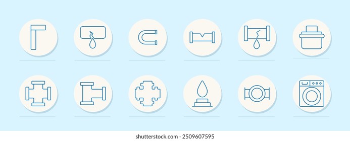 Plumbing set icon. Pipe, water leak, magnet, fitting, valve, washer, cross, drop, connection, plumbing system, drainage, repair, maintenance, home, service, installation, utility, equipment