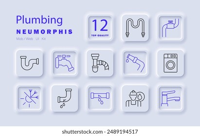 Plumbing set icon. Pipes, faucets, tools, water supply, plumbing system, leak, repair, maintenance, drainage, plumbing fixtures, pipe wrench, plumber, piping, fittings, water flow.