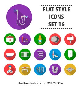Plumbing set icons in flat style. Big collection plumbing vector symbol stock illustration
