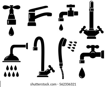 plumbing set with isolated faucet icons on white background