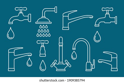 plumbing set of white linear tap shower icons and water droplets silhouettes