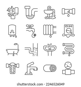 Plumbing, sewerage problems, accident icons set. , linear icon collection. Line with editable stroke