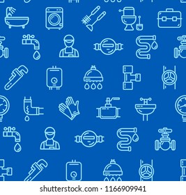 Plumbing Signs Seamless Pattern Background on a Blue Include of Tube, Pipeline, Drain and Valve. Vector illustration