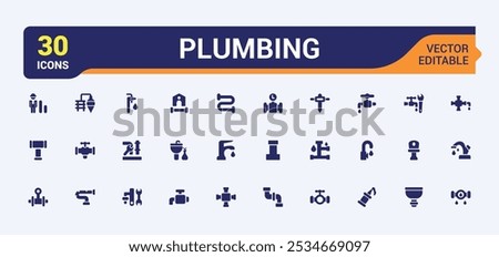 Plumbing soli icon pack. Related to sewerage, piping, waterworks, hydraulics, pipe fitting, sanitation systems and more. Minimal filled icons. Editable Vector symbol.