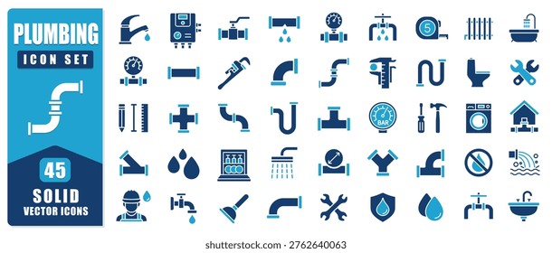 Plumbing Solid Icon Set Featuring Bold Vector Symbols Of Pipes, Water Systems, Tools, And Maintenance. Clean Modern Style Ideal For Web, Apps, Construction Projects, And Infographics.