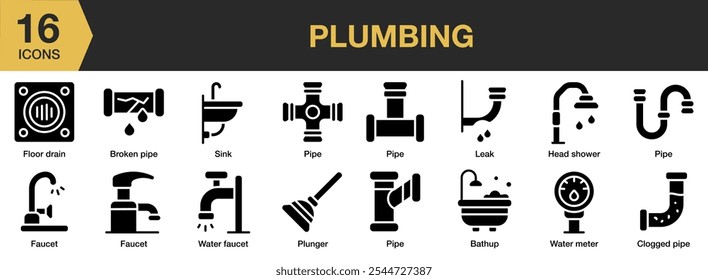 Conjunto de ícones sólidos de encanamento. Inclui dreno de piso, pia, tubulação, torneira, êmbolo, banheira, água e muito mais. Coleção vetorial de ícones sólidos.