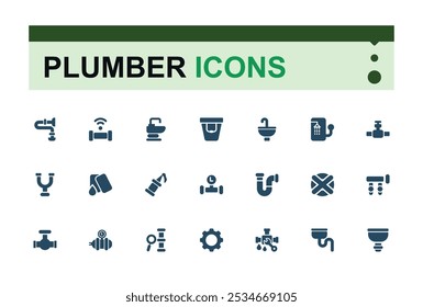 Plumbing Solid icons set. Includes filled hydraulics, pipework, pipe maintenance, sewerage, water systems, piping and more. Minimal Glyph icons. Editable symbol.