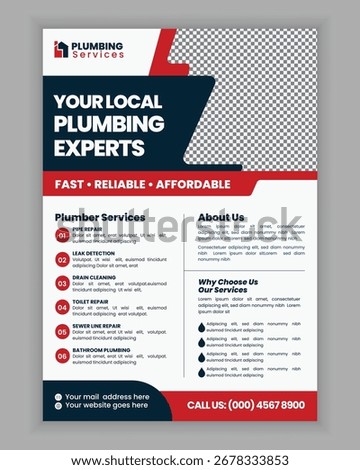 Plumbing Specialist Flyer Poster Template for Bathroom Services, Faucet Fixing, Pipe Installation, Toilet Maintenance, and Renovation Work Layout