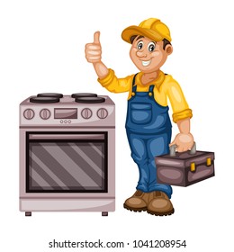 Plumbing Specialist with Toolbox Fixing, Repairing Washing Machine.